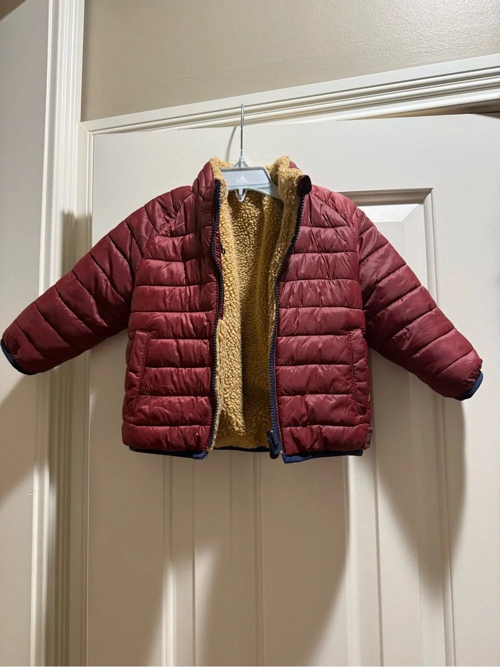 GAP Kids Burgundy Puffer Jacket with Tan Sherpa Lining
